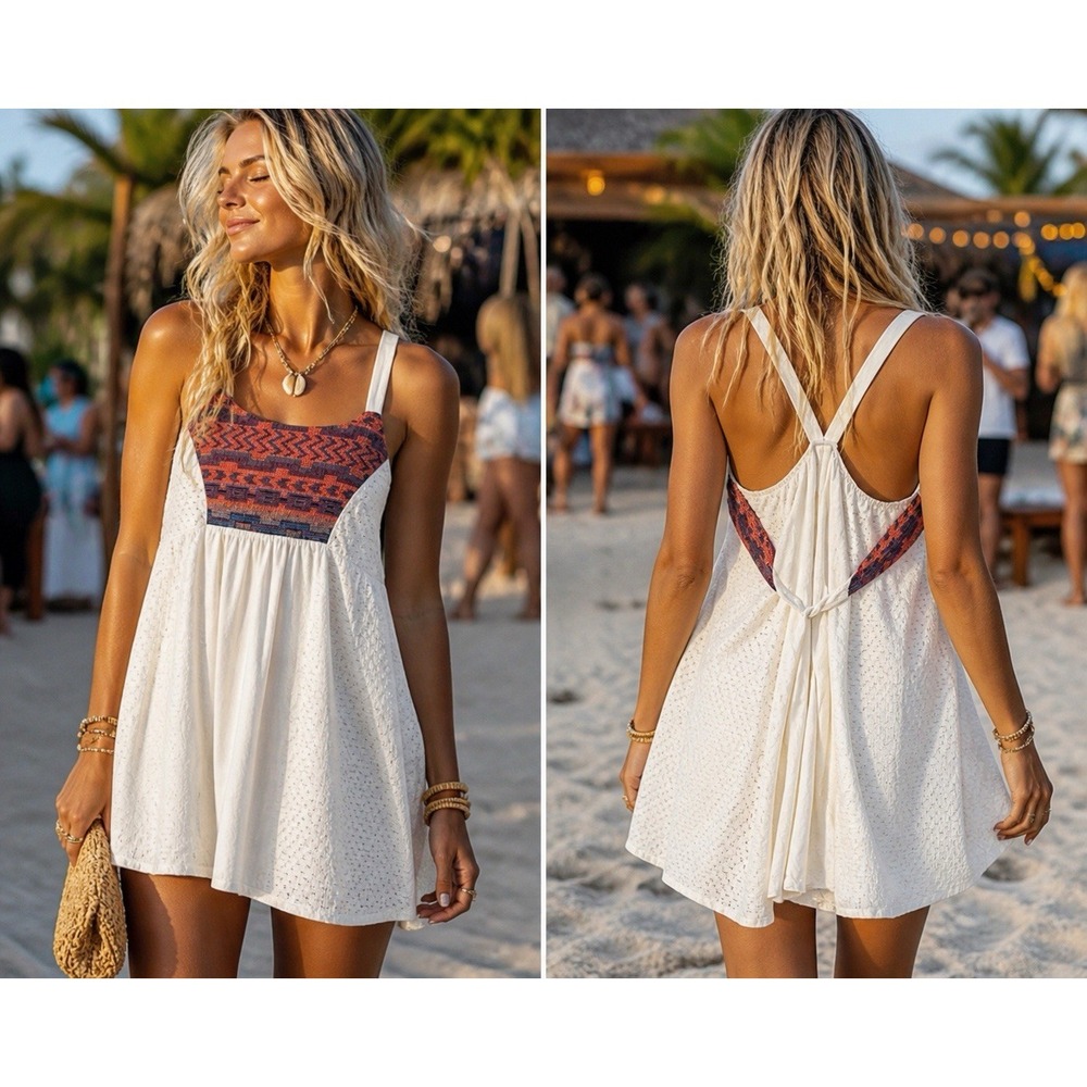 Festival Ivory Sundress Women S Lined Aztec Stitch Back Tie Hippie Boho Beachy